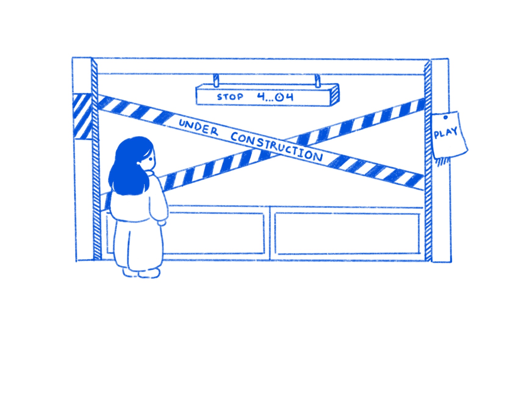 Illustration of a figure standing in front of caution tape reading 'under construction' at stop 4...04, with the message: looks like you got off at the wrong stop, come back later