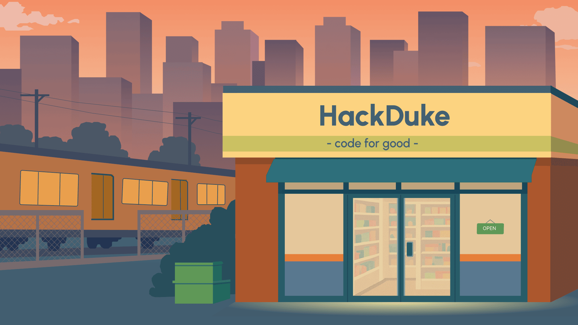 Early landing-page prototype of the HackDuke storefront concept, rendered in a warm sunset color palette instead of the blue that eventually shipped