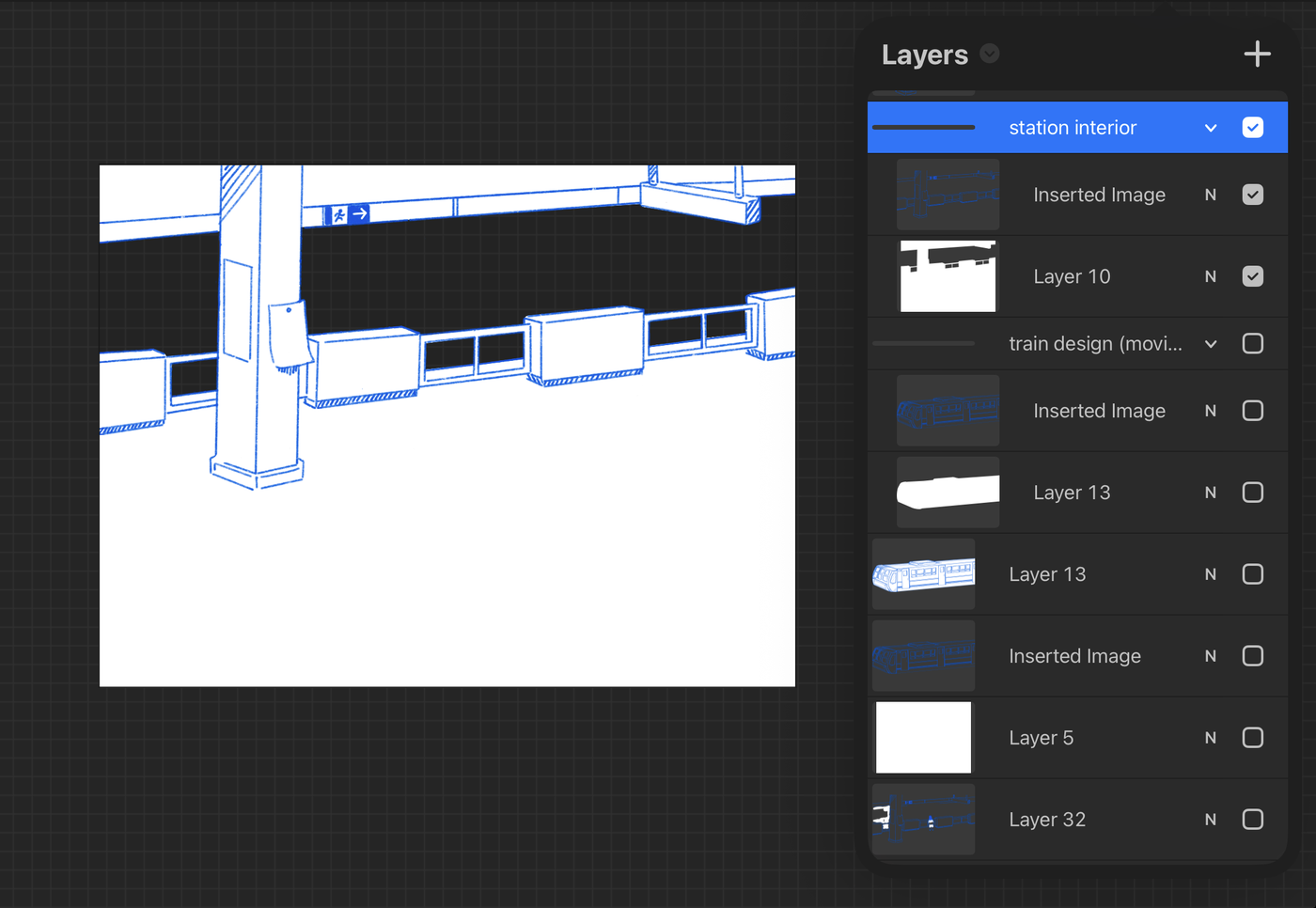 Procreate layers panel showing the station interior illustration split across multiple transparent layers