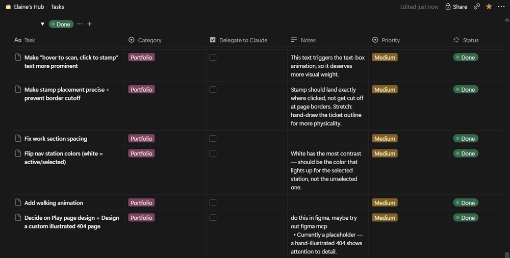 Screenshot of Elaine's Notion task tracker for the portfolio project, with tasks like fixing nav station colors and adding a walking animation marked done